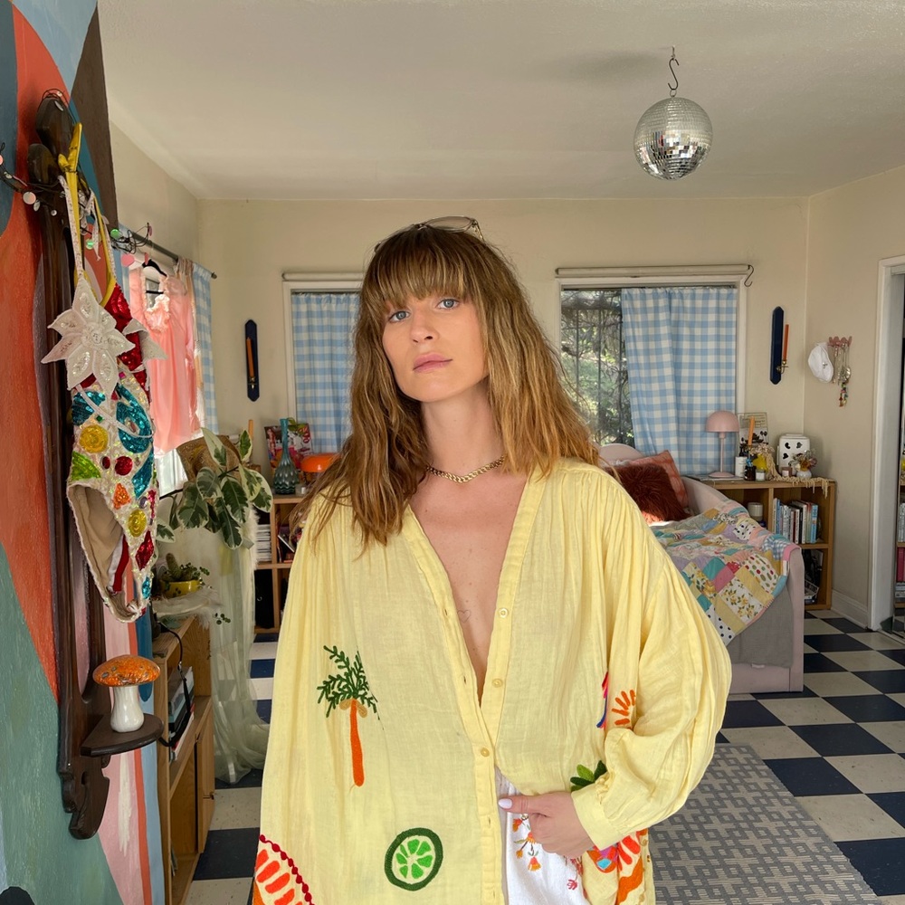 Embroidered Sunshine Yellow Tunic Tropic Paradise Design